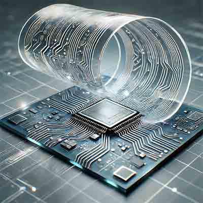 Flexible memory exible memory technology. It highlights the bendable, transparent electronic circuit on a polymer substrate, emphasizing its application in advanced and wearable devices.